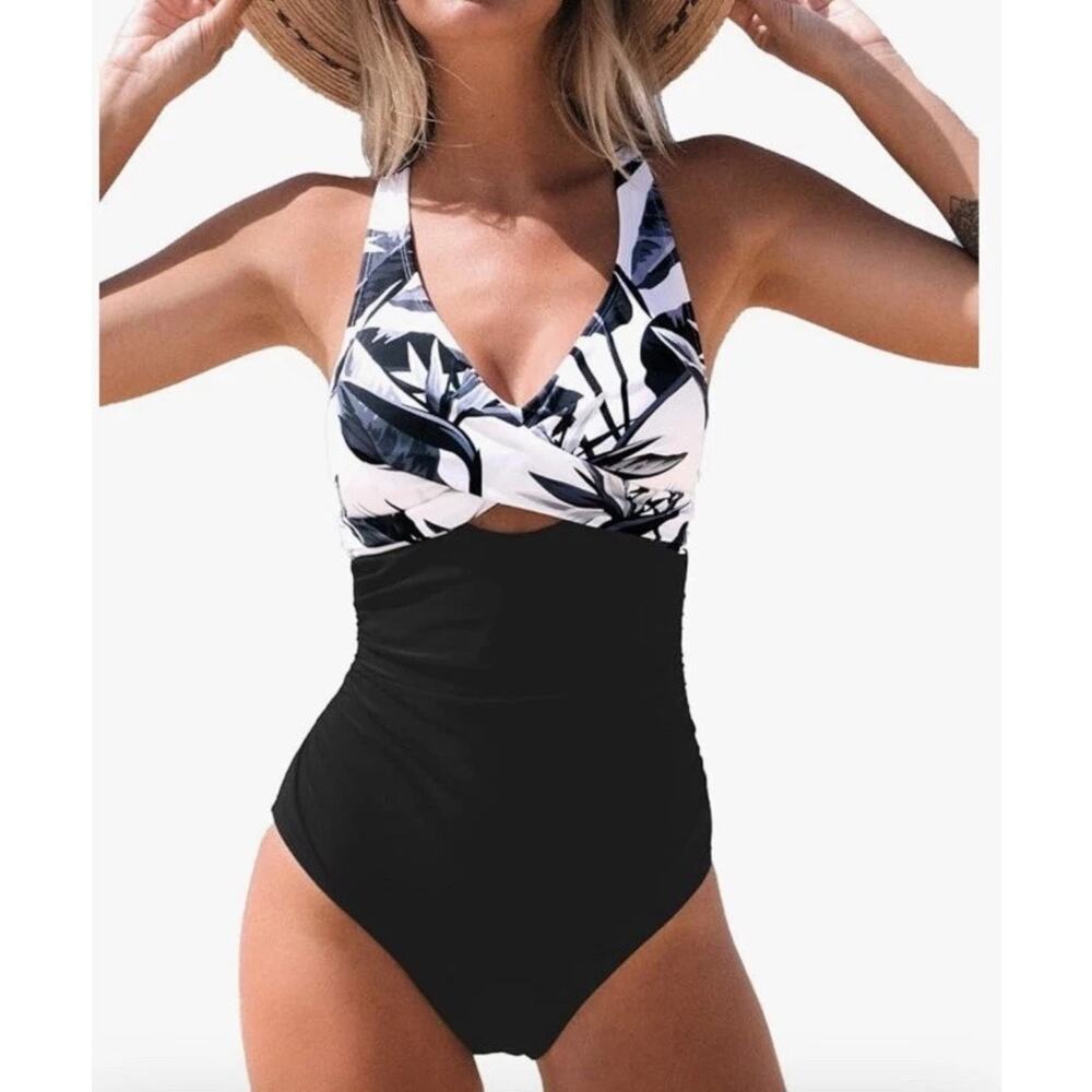 NWT Cupshe Black White Tropical Cutout Tummy Control One Piece Swimsuit Women L